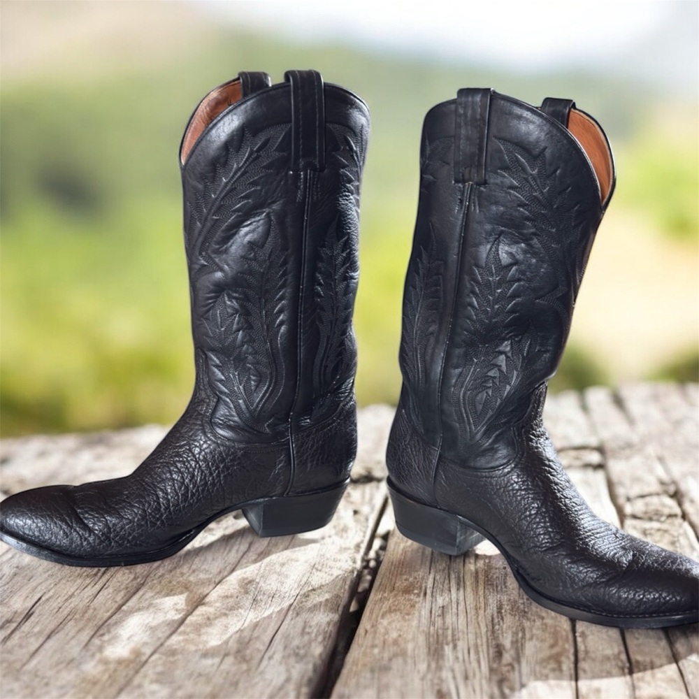 Tony Lama Black Leather Embossed Cowboy Boots Men's‎ Size 10 D Western